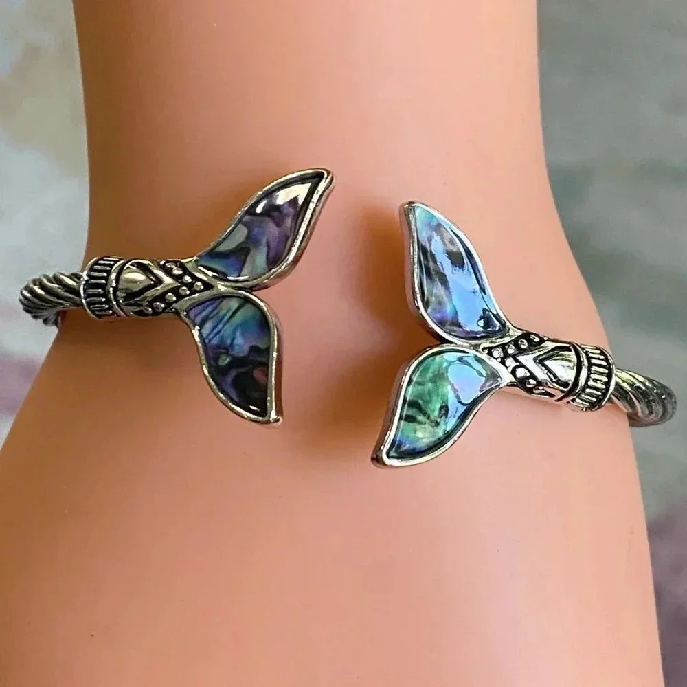 Colorful Mermaid Tail Silver Tone Patina Cuff Bracelet New
